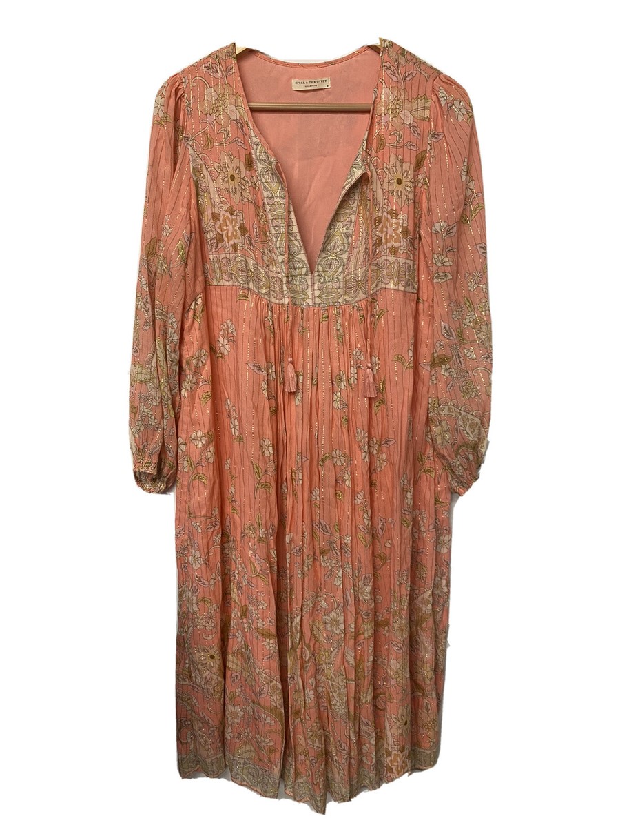 spell hendrix boho dress dusty pink And The Gypsy Collective Midi Medium style sleeves and metallic neckline_Spaghetti Straps Women's Brown Faux Suede Order Now:Sample Dress