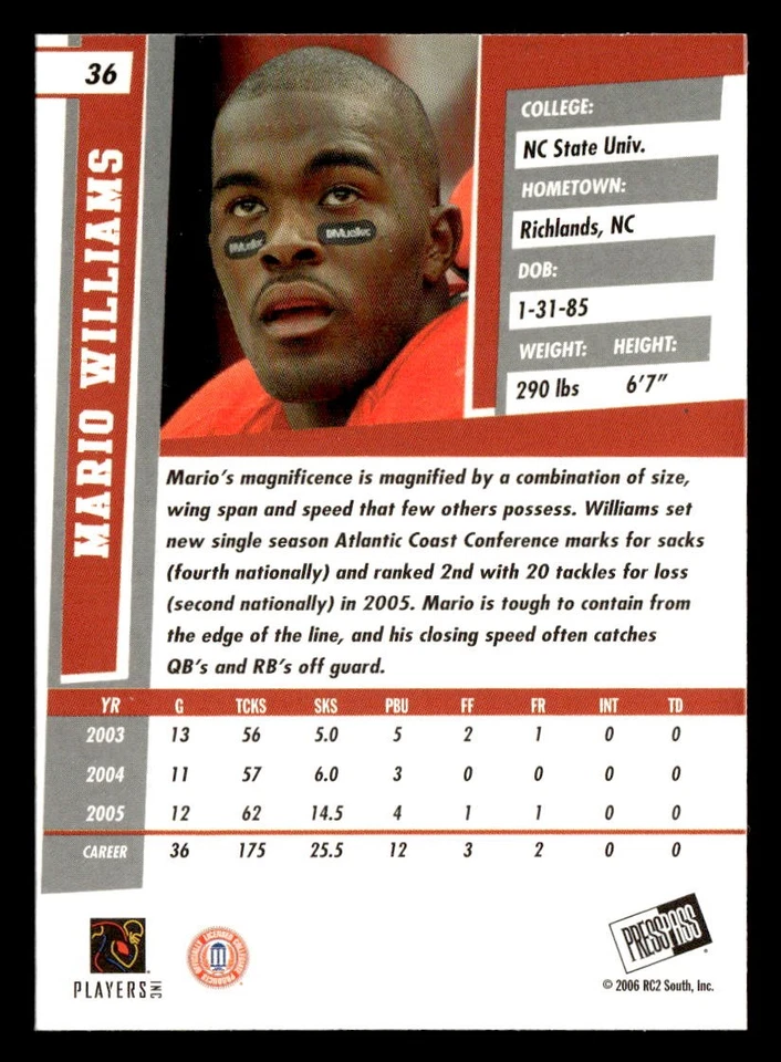 Mario Williams 2006 Press Pass SE Rookie Card #36 NC State Wolfpack - Image 2 of 2