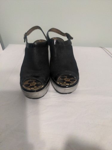 Fly London Yile Wedges Peep Toe Sandal Leather Black Silver Sole 6.5 - Picture 5 of 11