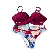 Cupshe Bikini Womens XS Burgundy Wrap Top Floral Bathing Suit Two Piece NEW