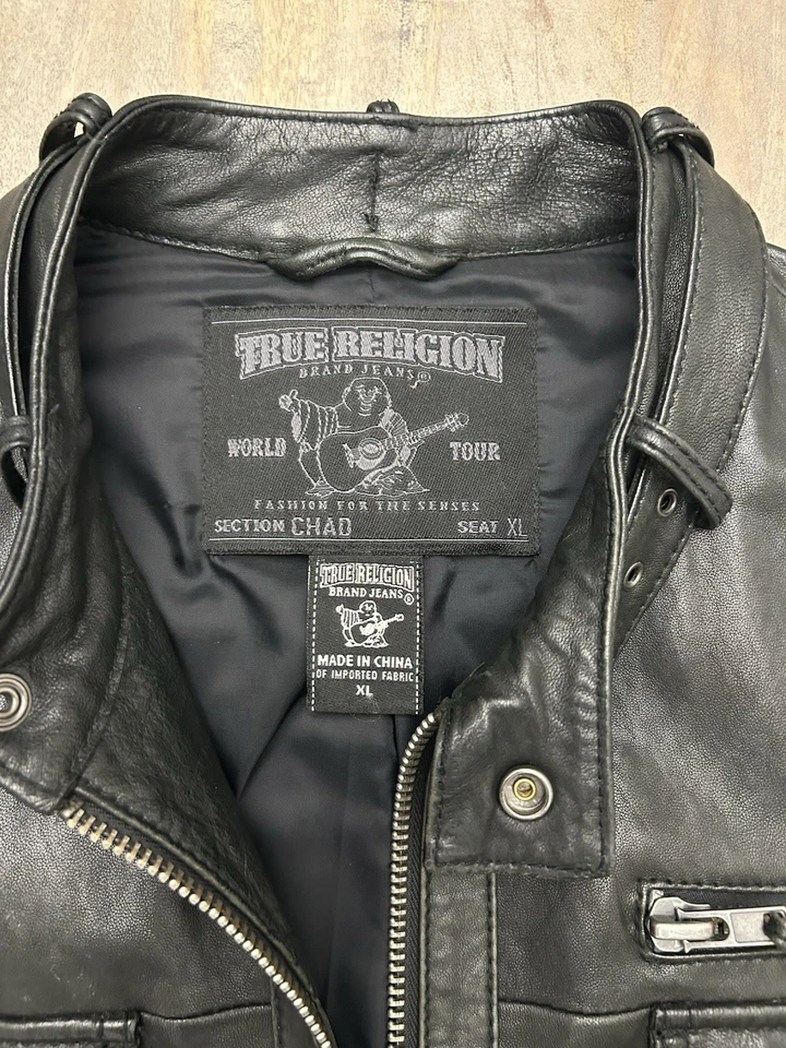 Chaqueta de Cuero True Religion Para Hombre XL Negra Piel de Cordero Motociclista Estilo RN112790 Foto 2 de 4