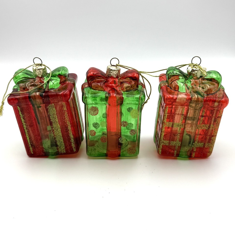 Set Of 3 Glass Christmas Ornament Red And Green Gift Box Holiday Decor ...