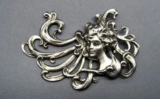 Art Nouveau Nymph Sweeping Cartouche Woman Silver Tone Vintage Brooch