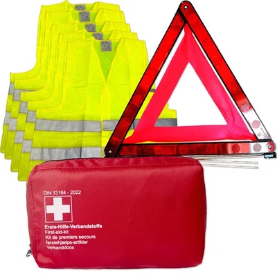 IMPULSE INNOVATION Set de primeros auxilios para automóvil bolsa de vendaje rojo triángulo de advertencia 5 chaleco de advertencia amarillo accidente de coche