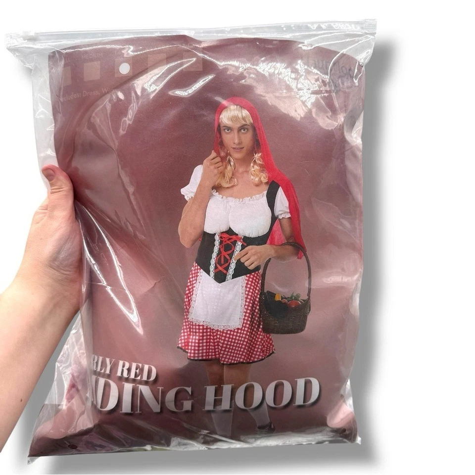 Burly Red Riding Hood Costume Men's Size Large Dress with Cape Wig Halloween - Image 2 of 4