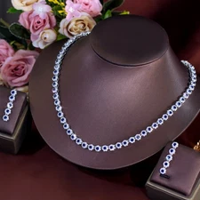 CWWZircons Silver Plated CZ Blue Bridal Wedding Necklace Earrings Jewelry Set