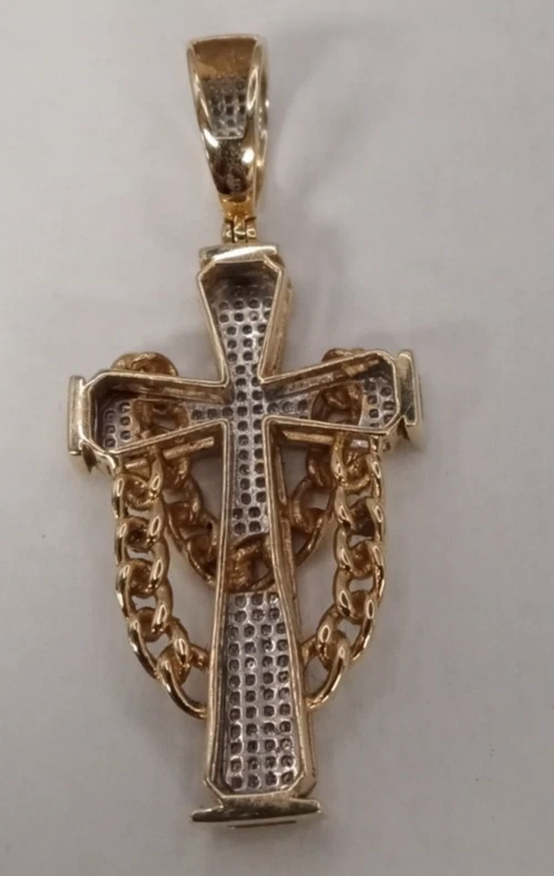 (MA2) Colgante Cruz Drapeada Diamante Eslabón Cubano Oro 10k Dos Tonos 7.4 Gramos Para Hombre Foto 3 de 4