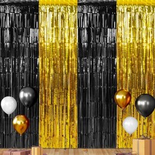 6 PCS 3.3x6.6FT Graduation Foil Fringe Curtain Backdrop Black Gold Metallic