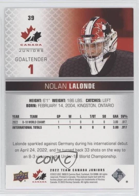 2022 Upper Deck Team Canada Juniors Men's U-18 Pillars of Light Nolan Lalonde - Image 2 of 2