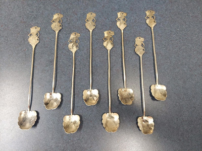 Vtg Indonesian Wayang Kulit Shadow Puppet Etched Silver Ice Tea Spoons Eight (8)