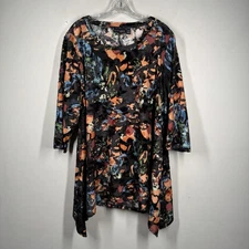 Attitudes by Renee Abstract Floral Burn Out Black Velvet Open Back Tunic Sz 2XL