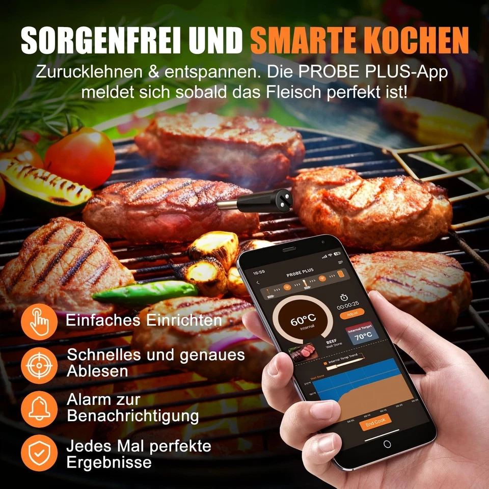 Kabelloses Fleischthermometer mit Bluetooth 100m - Präzise Messung 0-100°C App - Bild 3 von 4