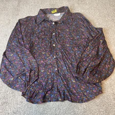 Frnch Paris Blouse Womens Large Brown Purple Blue Animal Print Button Up Italy