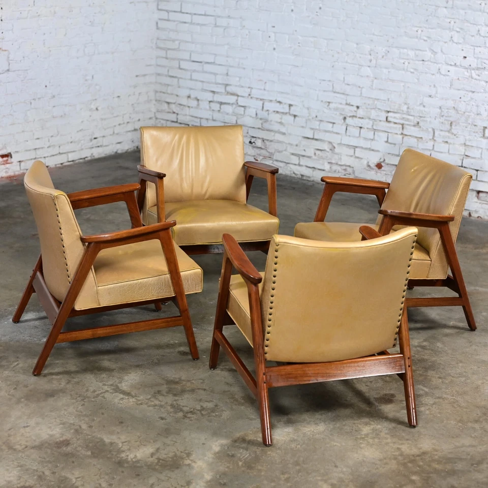 Set of 4 Mid Century Modern Gunlocke Armchairs Gold Leather with Walnut Frames - Image 2 of 4