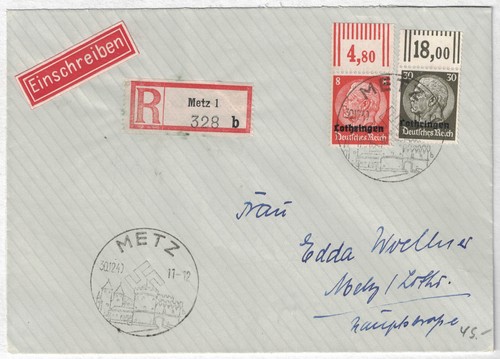 Dt. Besetzung 1940, Lothringen Mi. 5+11 W OR Hindenburg, Oberrandstücke, R-Brief