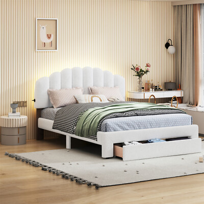 Queen Size Bed Frame Upholstered Platform Bed w/ Drawers White/Beige/Gray