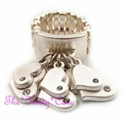 Matte Silver Tone Finger Cuff Heart Charms Wide Flex Ring w/ Swarovski Crystals