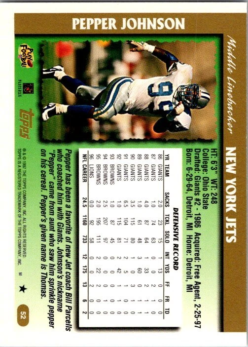 1997 Topps #52 Pepper Johnson - Image 2 of 2