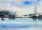 Original painting Landscape winter blue Watercolor A4 Lake Semi Abstract