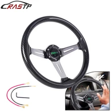 14" Universal 3" Deep Dish Black Grain Chrome 3 Spokes Steering Wheel 345mm