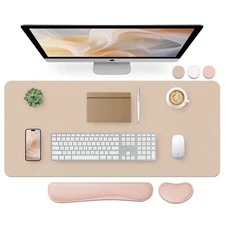 Leather Desk Pad Set Beige 35.4x15.7" Mouse Pad Keyboard Wrist Rest Support