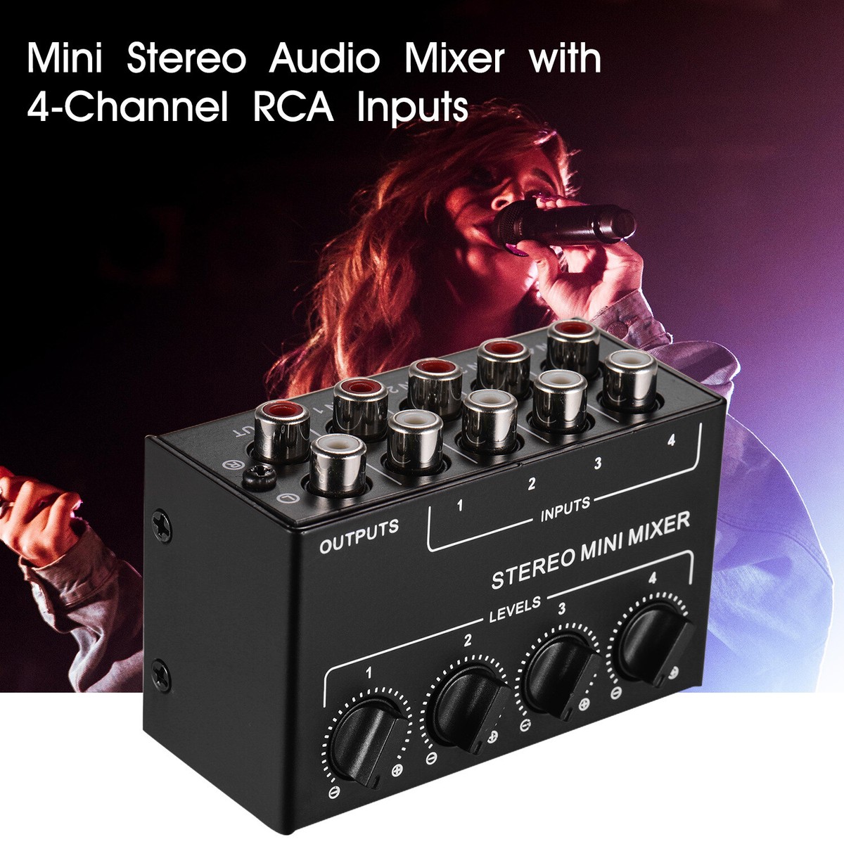 4-kanaals mini stereo audio mixer, mini-stereo-audiomixer met 4 kanaals RCA- ingangen audio-mixer met aparte volumeregelaars voor mixer instrument cd- speler