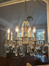 Large Antique Vintage Brass Crystal Chandelier 16 Light 8 Arm Rewired