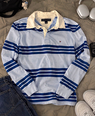 Tommy Hilfiger Men's Long Sleeve Striped Polo Shirt Light Blue Navy White L