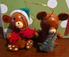 Brown Snow Bear Christmas Painted Wood Ornaments Tree Vintage