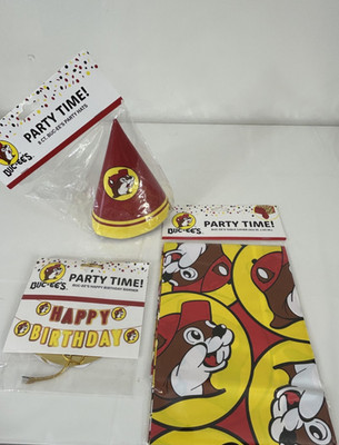 NEW BUC-EE S Party Time! Supplies HATS, BANNER, TABLE CLOTH Birthday Bucees B12