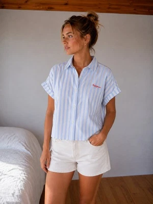 Blusa mujer Pepe Jeans azul claro blanco a rayas blusa camisa talla L - Imagen 1 de 4
