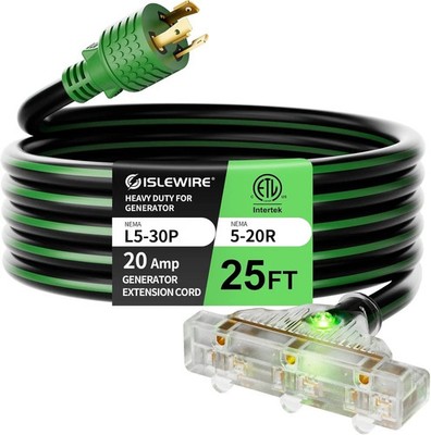25FT Generator Extension Cord, NEMA L5-30P to Triple 5-15R/5-20R, 10 Gauge 30 Am