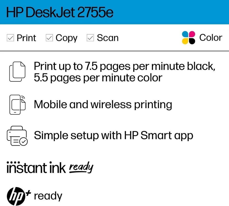 HP DeskJet 2755e Wireless Color All-in-One Printer, Print, Copy, Scan, Home - Image 2 of 3