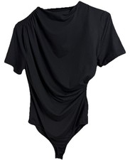 Women s Bodysuit Size L Black Banded High Neck Short Sleeve Rouched Siding