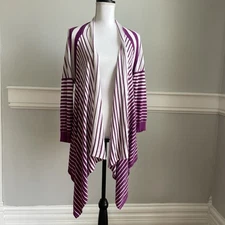 Attitudes by Renee Open Front Cardigan Sweater Size L Purple And White Striped