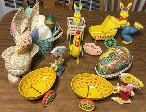 Vintage Easter Lot J Chein Style Tin Bunny Toys Paper Mache Egg Chenille Bunny