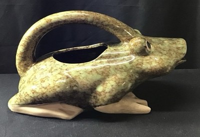 Rare Vintage Ceramic Frog Planter/watering Can. Green Mottled Ceramic. Rare. 