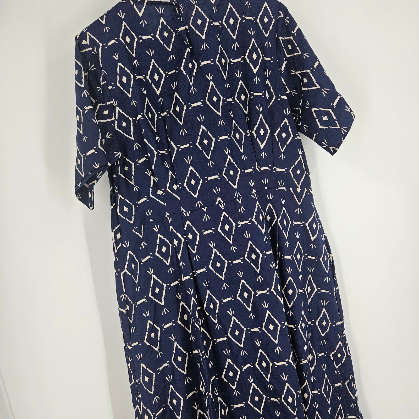 Toast Maxi Dress Navy Blue Linen Cotton Blend Geometric Tribal Lagenlook Size 16