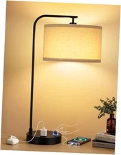 Tall Table Lamp with USB Port and Outlet, Dimmable A-Beige Shade& Black Base