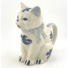 Vintage J.S.N.Y Philippines Porcelain Delft Style Blue White Cat Creamer 5"