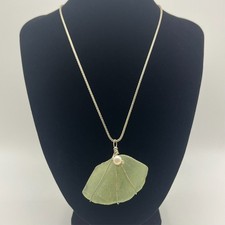 Green Sea Glass Pendant Necklace Pearl Wire Wrapped Artisan 18" 23.25g