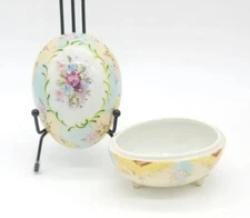 Vintage Handpainted Gold Leaf Floral Ceramic Easter Egg Candy Dish Trinket Box