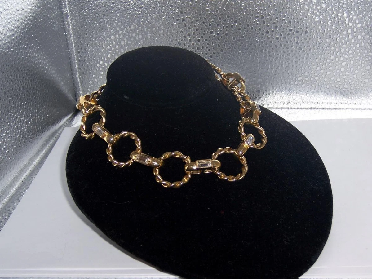 ANNE KLEIN SIGNED GOLD TONE TWISTED RINGS RHINESTONE NECKLACE