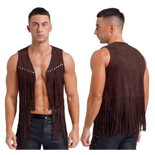 Gilet cowboy uomo nappa rivetti frange gilet giacca western costume rock - Foto 45 di 53