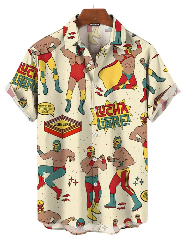 Men's Hawaiian Button Shirt with Mexican Wrestling Lucha Libre Print