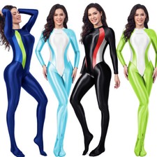 AMORESY Women Glossy Satin Breathable Tracksuit Patchwork Tights Sports Jumpsuit