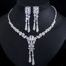 Shiny White Cubic Zirconia Long Tassel Drop Costume Necklace Earring Jewelry Set