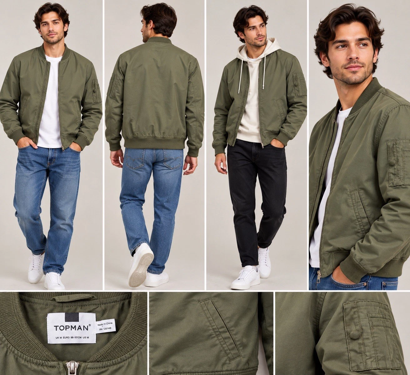 Topman Men's Green Bomber Jacket M – Full Zip Band Collar Short Regular Fit - product detail image 2