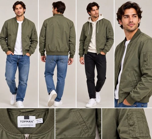 Topman Men's Green Bomber Jacket M – Full Zip Band Collar Short Regular Fit image 2