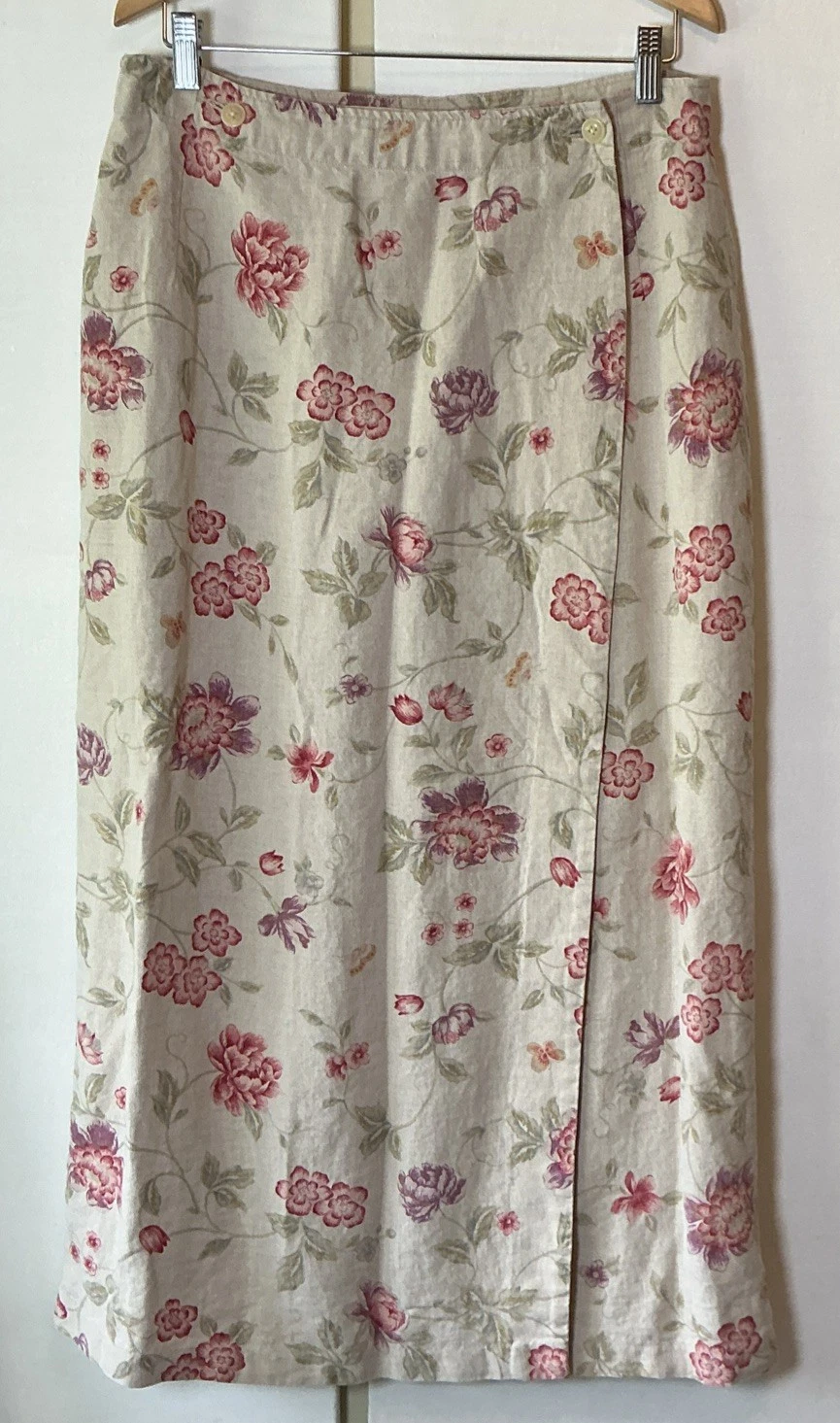 Eddie Bauer Vintage 100% Linen Skirt Size 16 Floral Button Closure